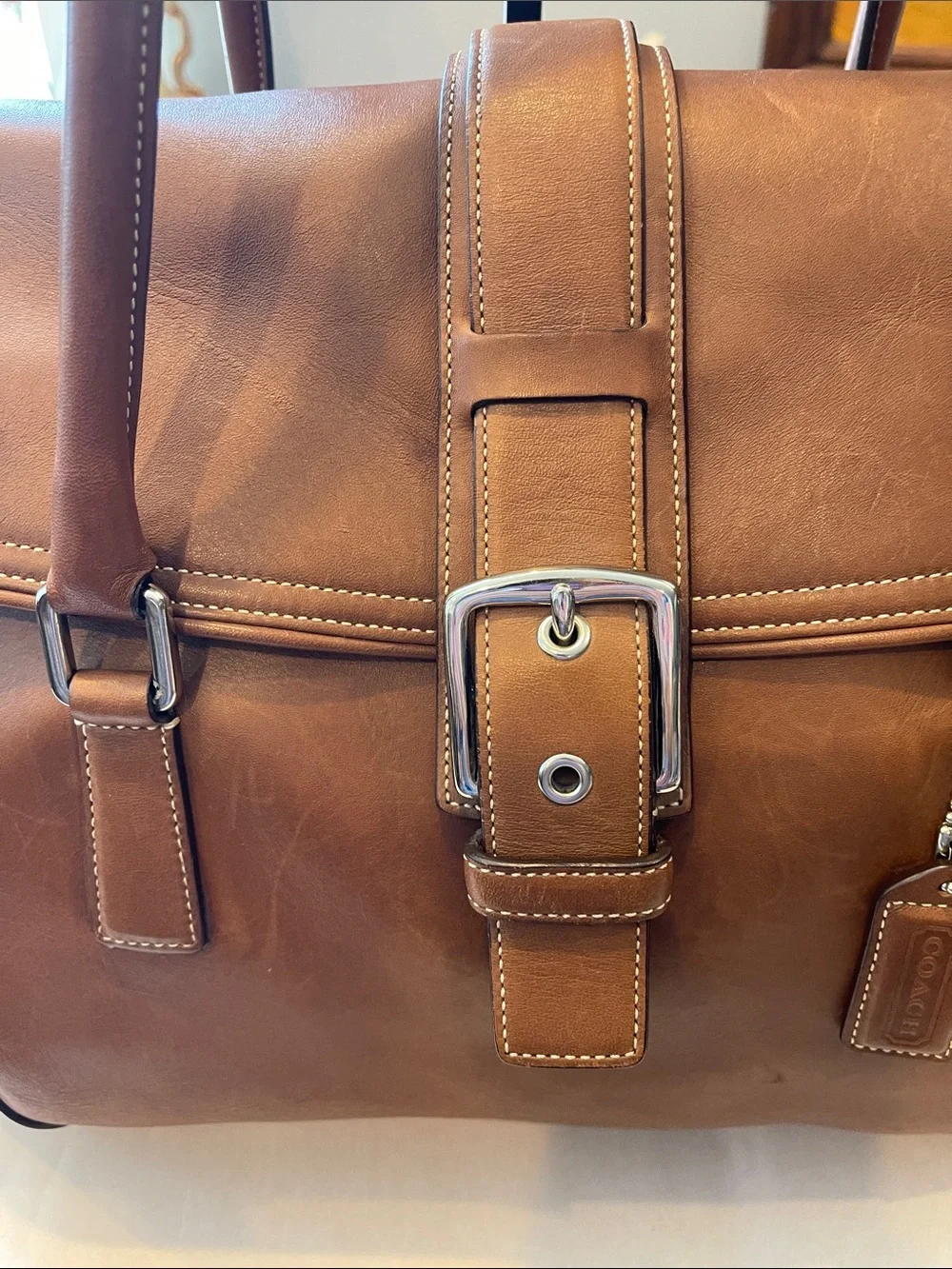 Coach LG Burnished Caramel Tan Leather Soho Buckle Flap Tote Bag Purse Satchel